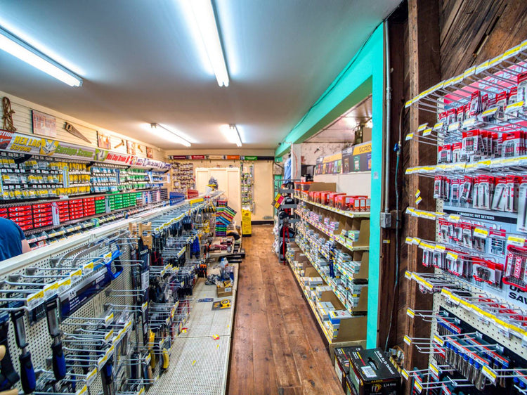 Tools and supplies on display inside of Luther Hardware & Lumber.