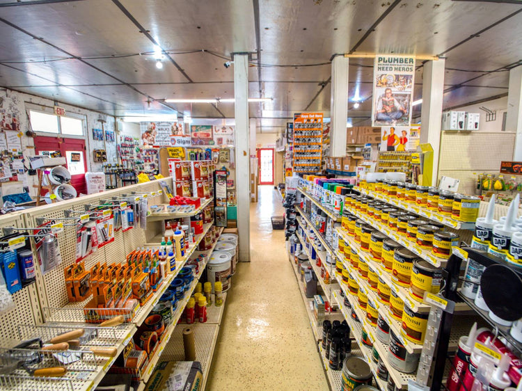 Tools and supplies on display inside of Luther Hardware & Lumber.