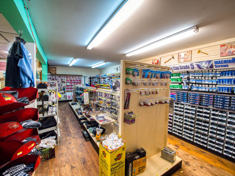Hardware supplies on display inside of Luther Hardware & Lumber.