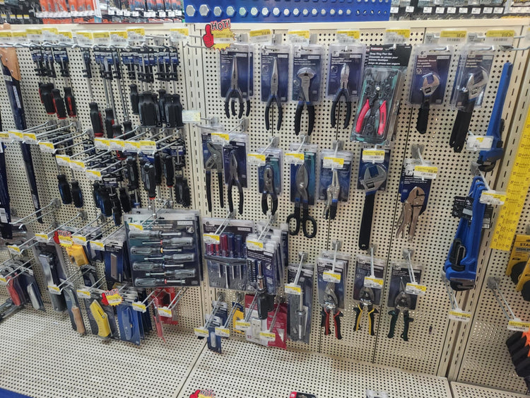 Hand tools and supplies on display inside of Luther Hardware & Lumber.