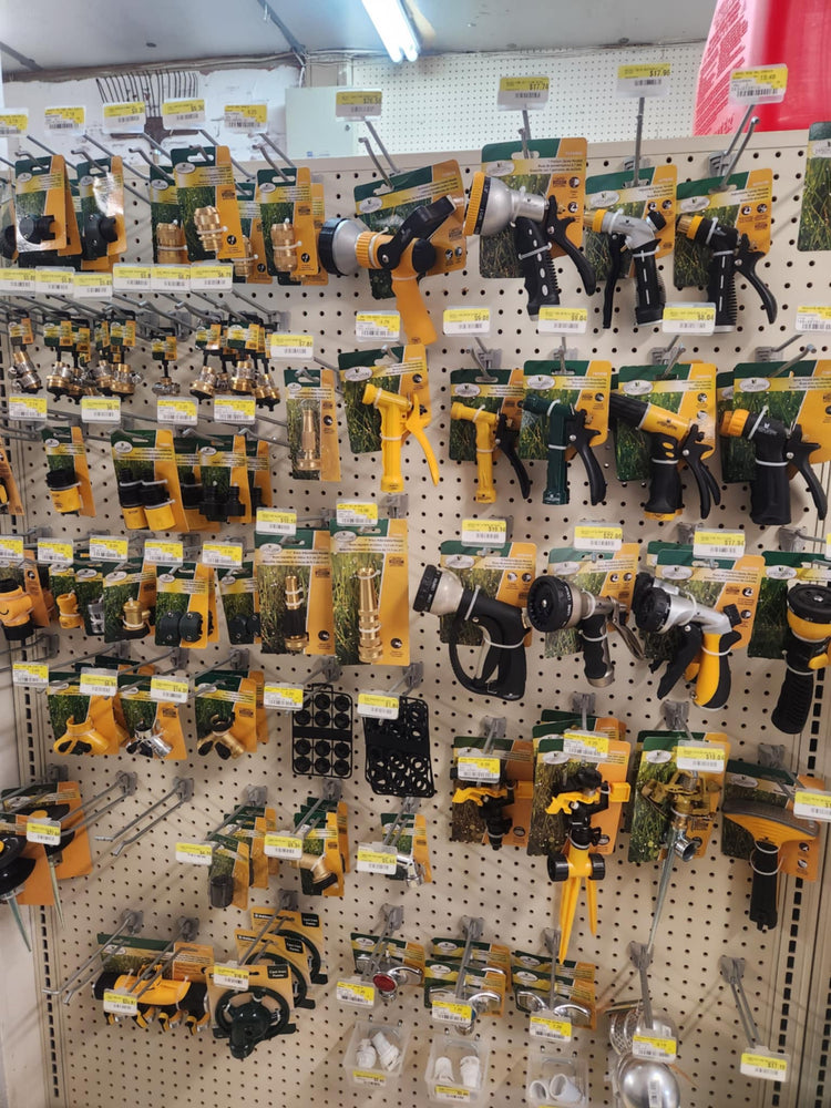 Garden supplies on display inside of Luther Hardware & Lumber.