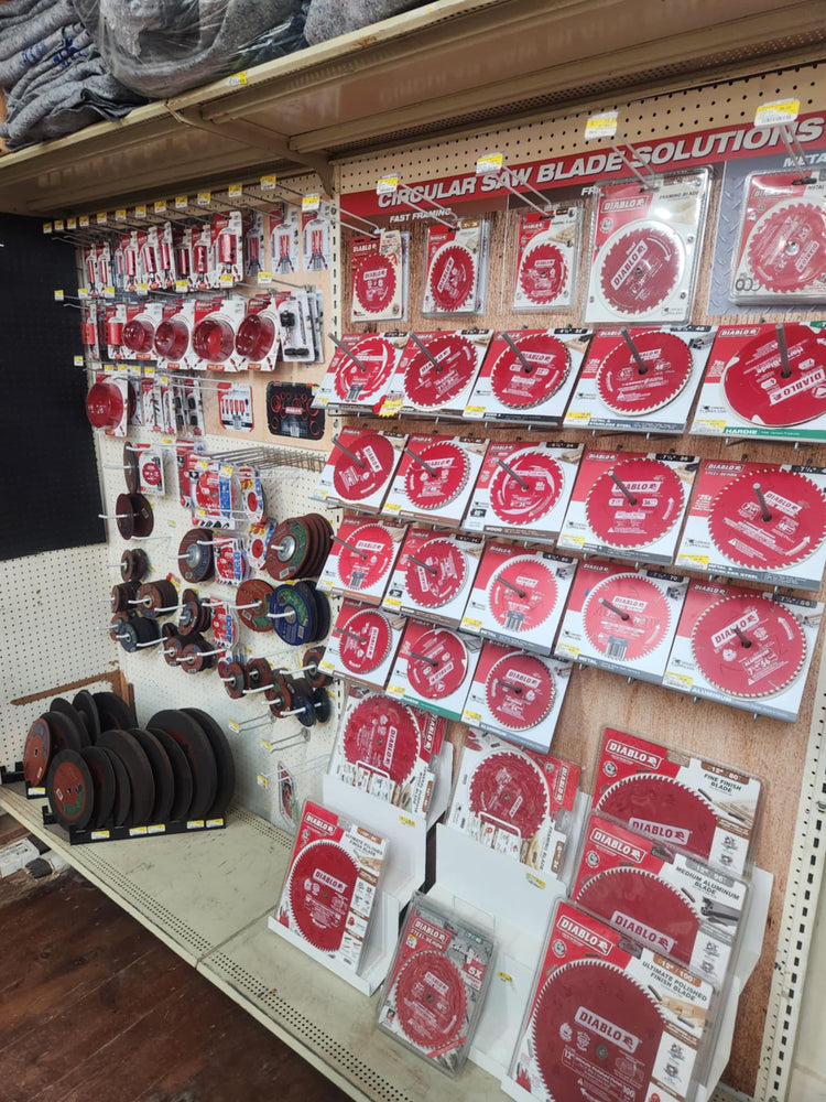 Tools and supplies on display inside of Luther Hardware & Lumber.