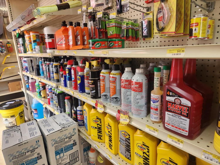 Automotive supplies on display inside of Luther Hardware & Lumber.