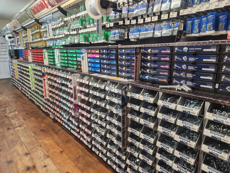 Hardware and supplies on display inside of Luther Hardware & Lumber.